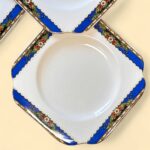 Art Deco Morley Fox & Co Sandwich Set, 6 Pc, Blue Floral, Gold Gilt Vintage