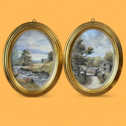 Vintage Pair Oval Paintings, H.J. Jacoby Original Yorkshire Dales Pastel Art