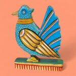 Vintage Indian Pattachitra Hand-Painted Wooden Bird Scul