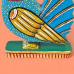 Vintage Indian Pattachitra Hand-Painted Wooden Bird Scul