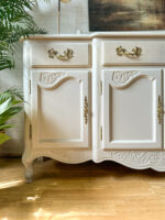 Vintage Queen Anne Sideboard Large, Carved Details, Neutral, Paint Wash