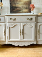 Vintage Queen Anne Sideboard Large, Carved Details, Neutral, Paint Wash