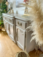 Vintage Queen Anne Sideboard Large, Carved Details, Neutral, Paint Wash