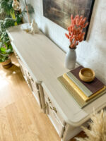 Vintage Queen Anne Sideboard Large, Carved Details, Neutral, Paint Wash