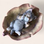 Vintage JR Akita Japan Sleeping Cat Figurine on Leaf Dish, 1950s Ceramic Kitsc
