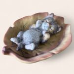 Vintage JR Akita Japan Sleeping Cat Figurine on Leaf Dish, 1950s Ceramic Kitsc