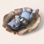 Vintage JR Akita Japan Sleeping Cat Figurine on Leaf Dish, 1950s Ceramic Kitsc