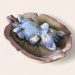 Vintage JR Akita Japan Sleeping Cat Figurine on Leaf Dish, 1950s Ceramic Kitsc