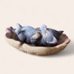 Vintage JR Akita Japan Sleeping Cat Figurine on Leaf Dish, 1950s Ceramic Kitsc