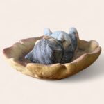 Vintage JR Akita Japan Sleeping Cat Figurine on Leaf Dish, 1950s Ceramic Kitsc