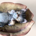 Vintage JR Akita Japan Sleeping Cat Figurine on Leaf Dish, 1950s Ceramic Kitsc