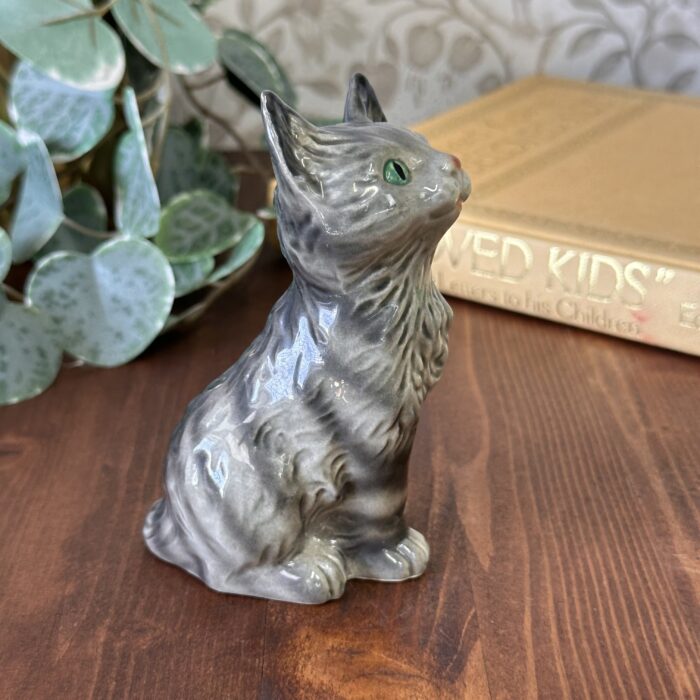 Vintage Goebel Cat Figurine, 1970s W. Germany Grey Tabby, Green Eyes 31006-11