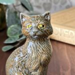 Vintage Studio Pottery Cat Figurine, Handmade Ceramic Ginger & Grey Seated Cat