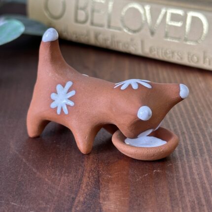 Vintage IOM Terracotta Cat Figurine, Handmade Miniature Pottery, Cat & Bowl Ornament