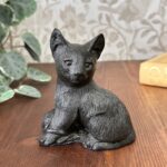 Vintage Welsh Slate Cat Figurine, Handmade Black Kitten with Wool, Cat Lover Gift