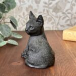 Vintage Welsh Slate Cat Figurine, Handmade Black Kitten with Wool, Cat Lover Gift