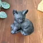 Vintage Welsh Slate Cat Figurine, Handmade Black Kitten with Wool, Cat Lover Gift