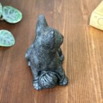 Vintage Welsh Slate Cat Figurine, Handmade Black Kitten with Wool, Cat Lover Gift