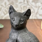 Vintage Welsh Slate Cat Figurine, Handmade Black Kitten with Wool, Cat Lover Gift