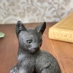 Vintage Welsh Slate Cat Figurine, Handmade Black Kitten with Wool, Cat Lover Gift