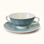 Vintage Royal Doulton Cascade Soup Cups & Saucers, 1950s Teal Floral China (Set of 2)