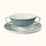Vintage Royal Doulton Cascade Soup Cups & Saucers, 1950s Teal Floral China (Set of 2)