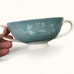 Vintage Royal Doulton Cascade Soup Cups & Saucers, 1950s Teal Floral China (Set of 2)