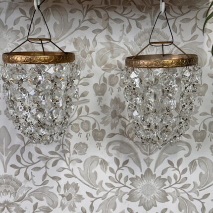 Pair Antique Crystal Bag Chandeliers, Small Early 20th C. Brass Ceiling Lights