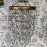 Pair Antique Crystal Bag Chandeliers, Small Early 20th C. Brass Ceiling Lights