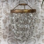 Pair Antique Crystal Bag Chandeliers, Small Early 20th C. Brass Ceiling Lights