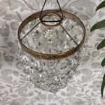 Pair Antique Crystal Bag Chandeliers, Small Early 20th C. Brass Ceiling Lights