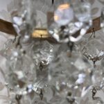Pair Antique Crystal Bag Chandeliers, Small Early 20th C. Brass Ceiling Lights