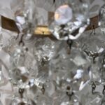 Pair Antique Crystal Bag Chandeliers, Small Early 20th C. Brass Ceiling Lights