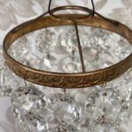 Pair Antique Crystal Bag Chandeliers, Small Early 20th C. Brass Ceiling Lights