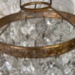 Pair Antique Crystal Bag Chandeliers, Small Early 20th C. Brass Ceiling Lights