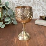 Vintage 70s Brass Goblet Candle Holder, Pierced Cross Chalice, MCM Gothic Decor