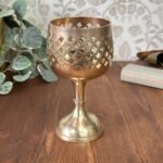 Vintage 70s Brass Goblet Candle Holder, Pierced Cross Chalice, MCM Gothic Decor