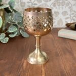 Vintage 70s Brass Goblet Candle Holder, Pierced Cross Chalice, MCM Gothic Decor