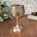 Vintage 70s Brass Goblet Candle Holder, Pierced Cross Chalice, MCM Gothic Decor