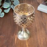 Vintage 70s Brass Goblet Candle Holder, Pierced Cross Chalice, MCM Gothic Decor
