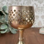 Vintage 70s Brass Goblet Candle Holder, Pierced Cross Chalice, MCM Gothic Decor