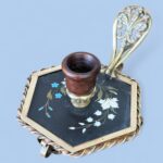 Rare 19th Century French Pietra Dura Chamberstick, Floral Inlay Brass Candle Holder