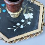 Rare 19th Century French Pietra Dura Chamberstick, Floral Inlay Brass Candle Holder