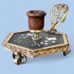Rare 19th Century French Pietra Dura Chamberstick, Floral Inlay Brass Candle Holder