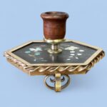 Rare 19th Century French Pietra Dura Chamberstick, Floral Inlay Brass Candle Holder