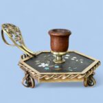 Rare 19th Century French Pietra Dura Chamberstick, Floral Inlay Brass Candle Holder