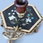 Rare 19th Century French Pietra Dura Chamberstick, Floral Inlay Brass Candle Holder