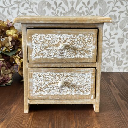 Rustic Floral Carved Wood Jewellery Box, Distressed White 2-Drawer Storage