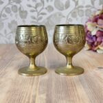 Pair Vintage Etched Indian Brass Goblets | Miniature Footed Cups | Boho Home Decor