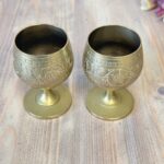 Pair Vintage Etched Indian Brass Goblets | Miniature Footed Cups | Boho Home Decor